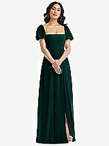 Front View Thumbnail - Evergreen Puff Sleeve Chiffon Maxi Dress with Front Slit