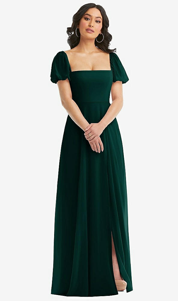 Front View - Evergreen Puff Sleeve Chiffon Maxi Dress with Front Slit