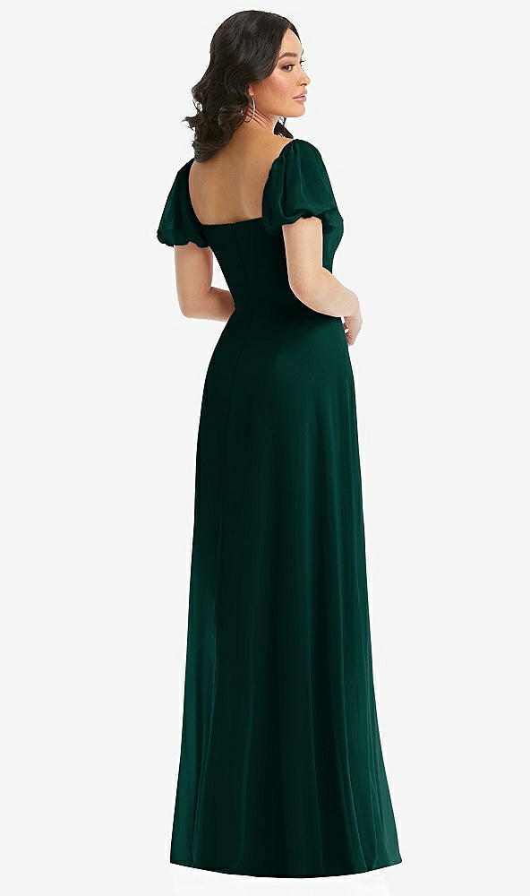 Back View - Evergreen Puff Sleeve Chiffon Maxi Dress with Front Slit