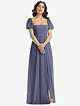 Front View Thumbnail - French Blue Puff Sleeve Chiffon Maxi Dress with Front Slit