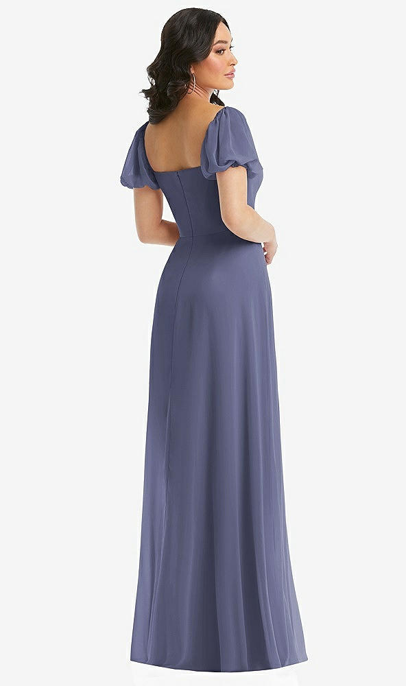 Back View - French Blue Puff Sleeve Chiffon Maxi Dress with Front Slit