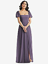 Front View Thumbnail - Lavender Puff Sleeve Chiffon Maxi Dress with Front Slit