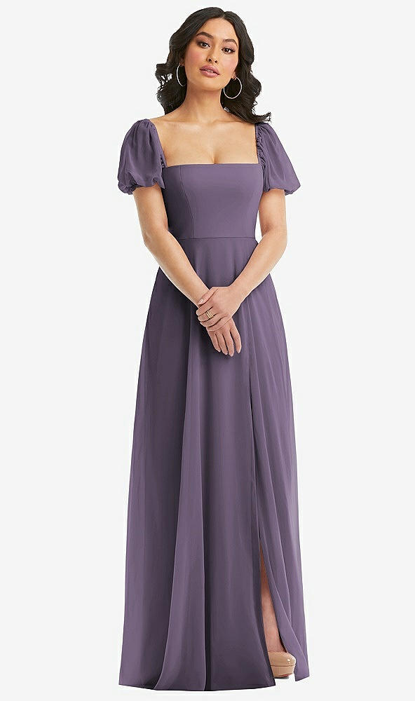 Front View - Lavender Puff Sleeve Chiffon Maxi Dress with Front Slit