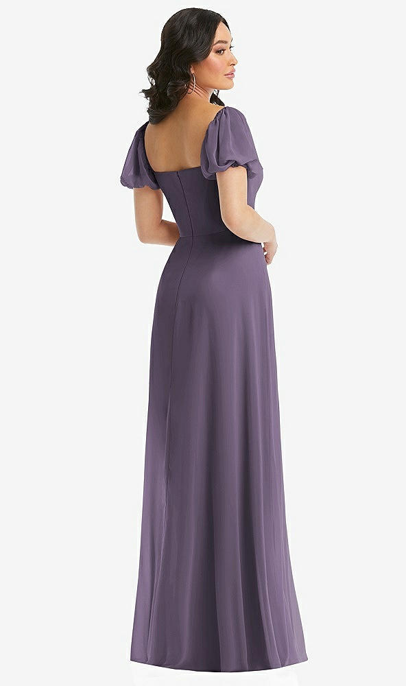 Back View - Lavender Puff Sleeve Chiffon Maxi Dress with Front Slit