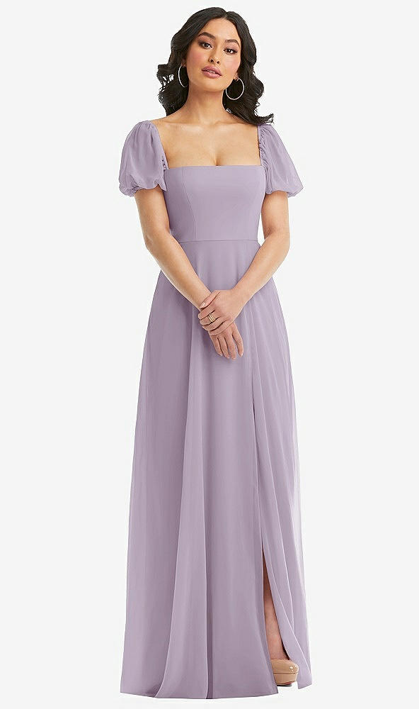 Front View - Lilac Haze Puff Sleeve Chiffon Maxi Dress with Front Slit
