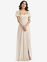 Front View Thumbnail - Oat Puff Sleeve Chiffon Maxi Dress with Front Slit