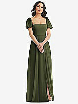 Front View Thumbnail - Olive Green Puff Sleeve Chiffon Maxi Dress with Front Slit