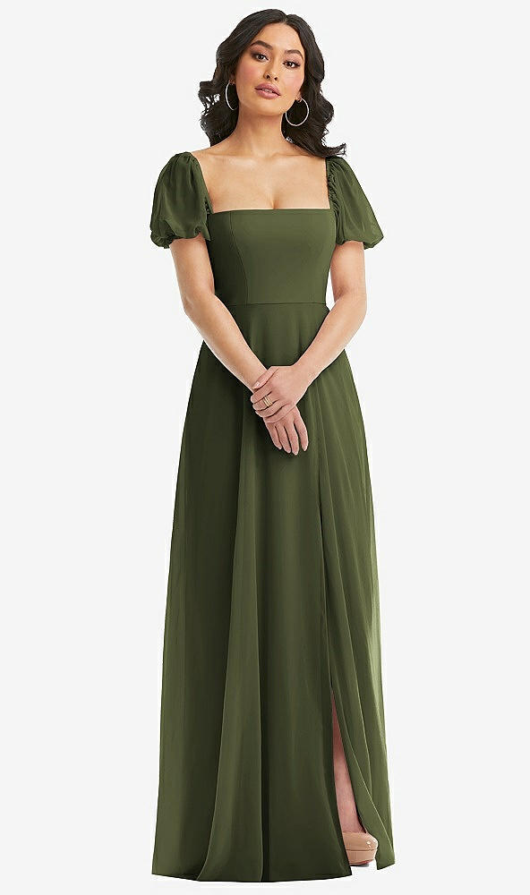 Front View - Olive Green Puff Sleeve Chiffon Maxi Dress with Front Slit