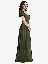 Side View Thumbnail - Olive Green Puff Sleeve Chiffon Maxi Dress with Front Slit