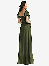 Rear View Thumbnail - Olive Green Puff Sleeve Chiffon Maxi Dress with Front Slit