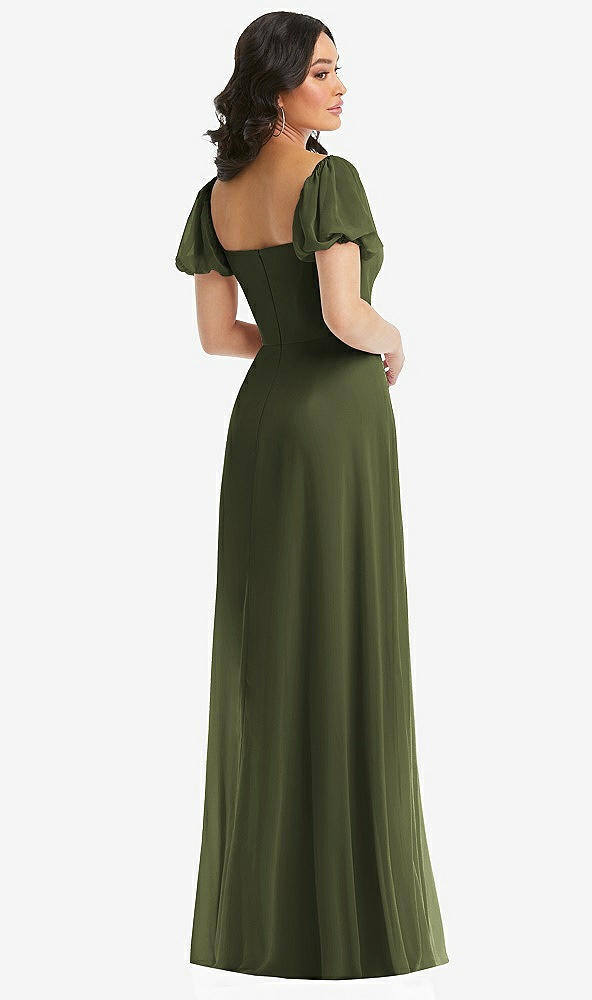 Back View - Olive Green Puff Sleeve Chiffon Maxi Dress with Front Slit