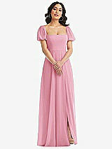 Front View Thumbnail - Peony Pink Puff Sleeve Chiffon Maxi Dress with Front Slit