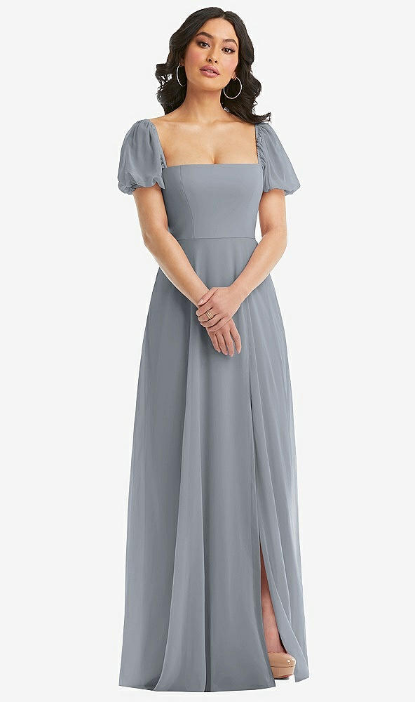 Front View - Platinum Puff Sleeve Chiffon Maxi Dress with Front Slit