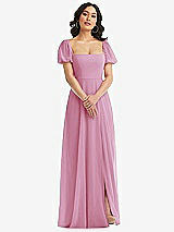 Front View Thumbnail - Powder Pink Puff Sleeve Chiffon Maxi Dress with Front Slit
