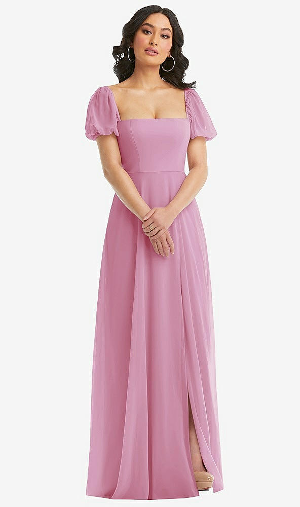Front View - Powder Pink Puff Sleeve Chiffon Maxi Dress with Front Slit