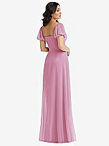 Rear View Thumbnail - Powder Pink Puff Sleeve Chiffon Maxi Dress with Front Slit