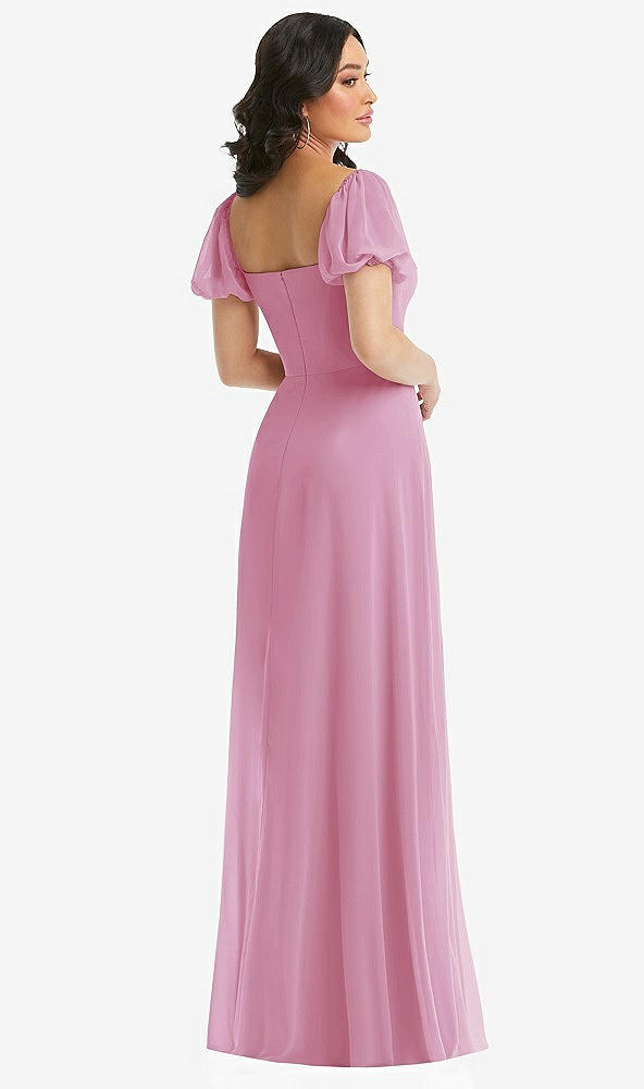 Back View - Powder Pink Puff Sleeve Chiffon Maxi Dress with Front Slit