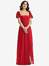 Front View Thumbnail - Parisian Red Puff Sleeve Chiffon Maxi Dress with Front Slit