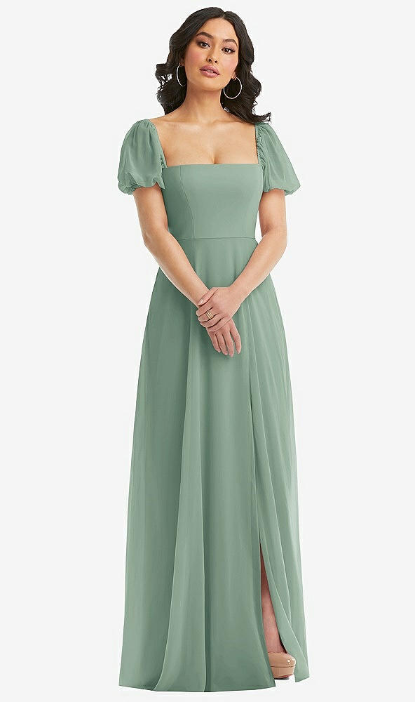 Front View - Seagrass Puff Sleeve Chiffon Maxi Dress with Front Slit