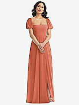 Front View Thumbnail - Terracotta Copper Puff Sleeve Chiffon Maxi Dress with Front Slit