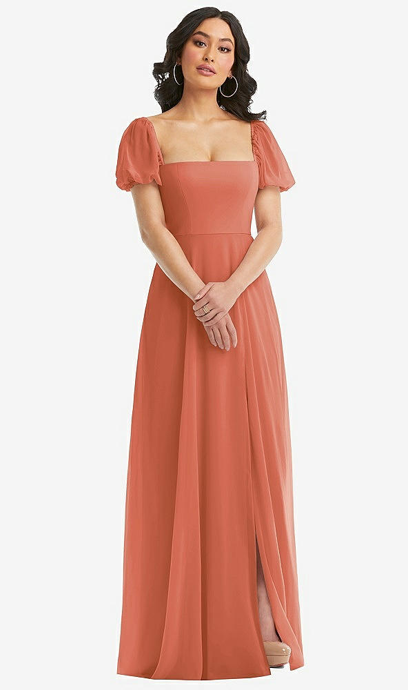 Front View - Terracotta Copper Puff Sleeve Chiffon Maxi Dress with Front Slit