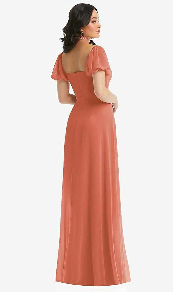 Back View - Terracotta Copper Puff Sleeve Chiffon Maxi Dress with Front Slit