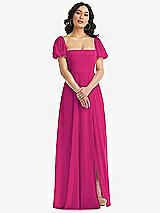 Front View Thumbnail - Think Pink Puff Sleeve Chiffon Maxi Dress with Front Slit