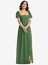 Front View Thumbnail - Vineyard Green Puff Sleeve Chiffon Maxi Dress with Front Slit