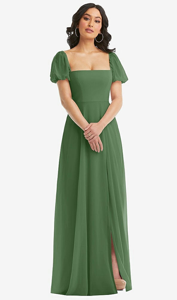 Front View - Vineyard Green Puff Sleeve Chiffon Maxi Dress with Front Slit