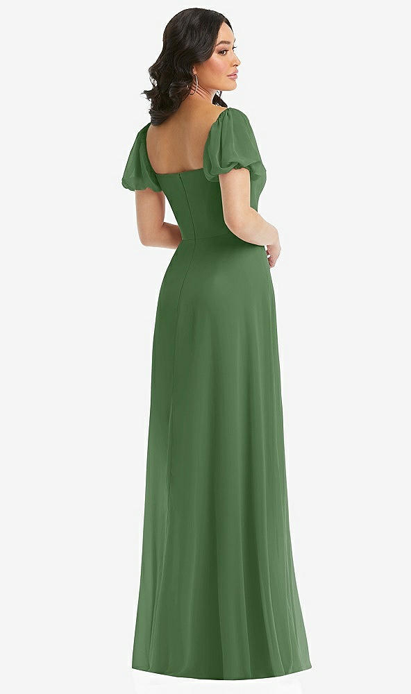 Back View - Vineyard Green Puff Sleeve Chiffon Maxi Dress with Front Slit