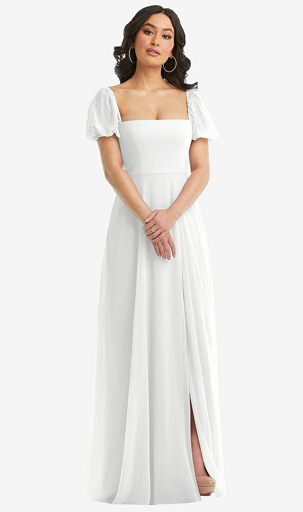 Front View - White Puff Sleeve Chiffon Maxi Dress with Front Slit