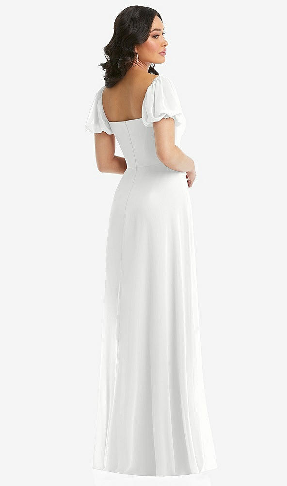 Back View - White Puff Sleeve Chiffon Maxi Dress with Front Slit