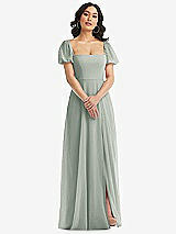 Front View Thumbnail - Willow Green Puff Sleeve Chiffon Maxi Dress with Front Slit