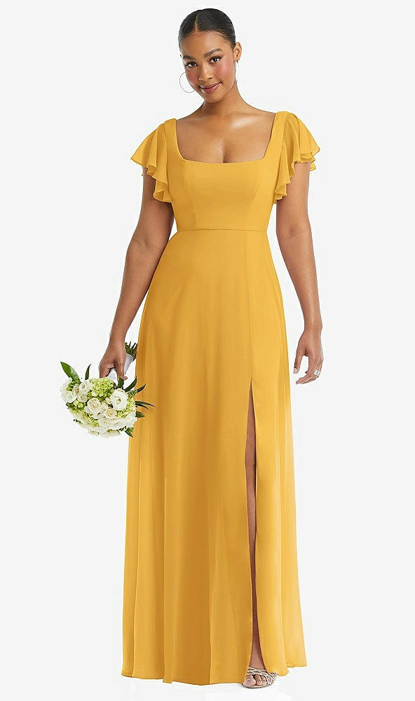 Front View - NYC Yellow Flutter Sleeve Scoop Open-Back Chiffon Maxi Dress