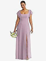 Front View Thumbnail - Suede Rose Flutter Sleeve Scoop Open-Back Chiffon Maxi Dress