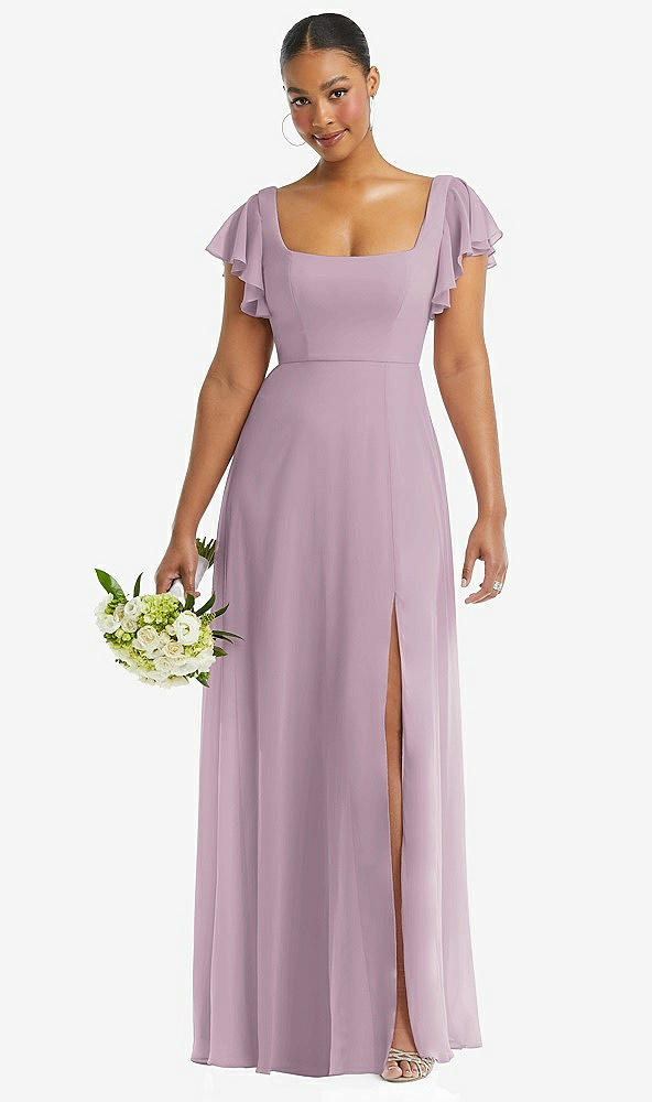Front View - Suede Rose Flutter Sleeve Scoop Open-Back Chiffon Maxi Dress
