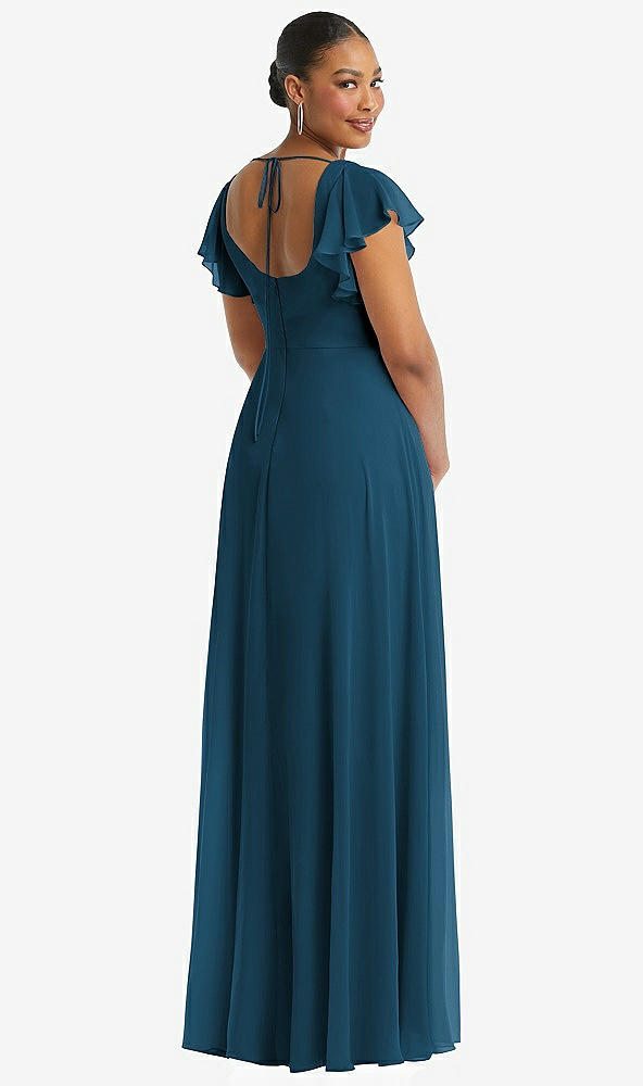 Back View - Atlantic Blue Flutter Sleeve Scoop Open-Back Chiffon Maxi Dress