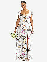 Front View Thumbnail - Butterfly Botanica Ivory Flutter Sleeve Scoop Open-Back Chiffon Maxi Dress