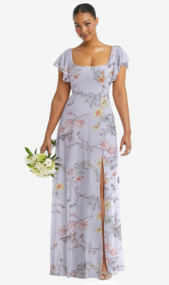 Front View - Butterfly Botanica Silver Dove Flutter Sleeve Scoop Open-Back Chiffon Maxi Dress