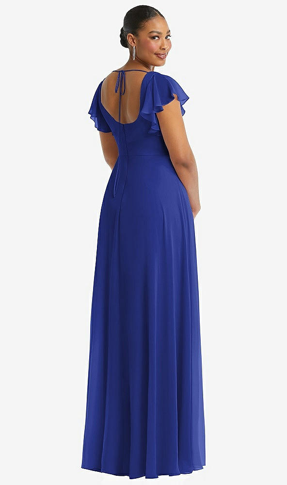 Back View - Cobalt Blue Flutter Sleeve Scoop Open-Back Chiffon Maxi Dress