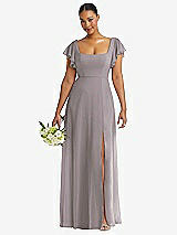 Front View Thumbnail - Cashmere Gray Flutter Sleeve Scoop Open-Back Chiffon Maxi Dress