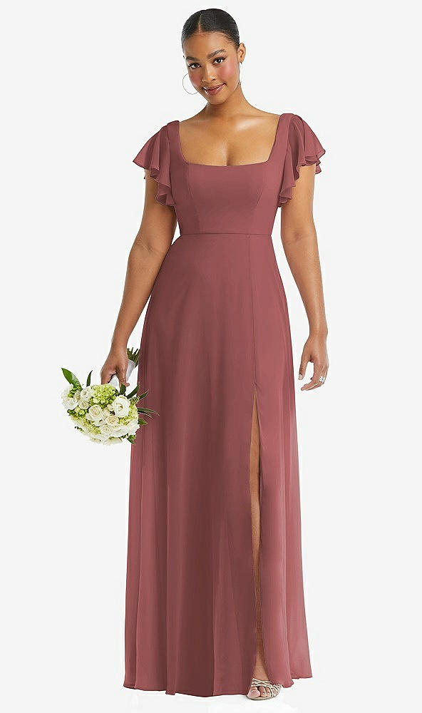 Front View - English Rose Flutter Sleeve Scoop Open-Back Chiffon Maxi Dress