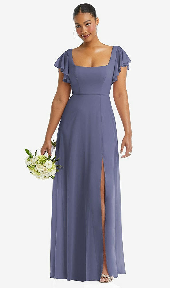 Front View - French Blue Flutter Sleeve Scoop Open-Back Chiffon Maxi Dress