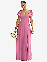 Front View Thumbnail - Orchid Pink Flutter Sleeve Scoop Open-Back Chiffon Maxi Dress