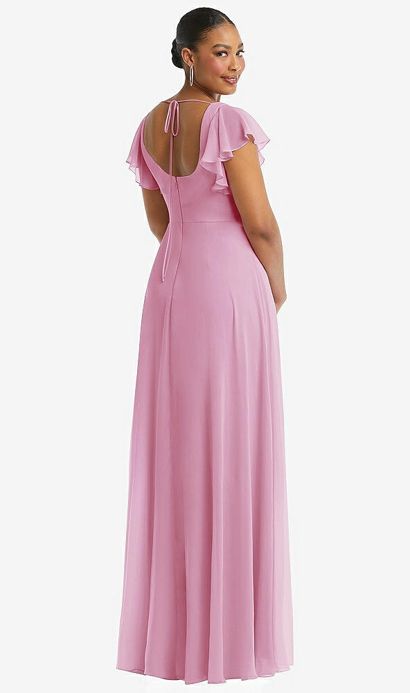 Back View - Powder Pink Flutter Sleeve Scoop Open-Back Chiffon Maxi Dress