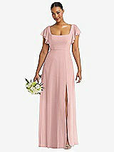 Front View Thumbnail - Rose - PANTONE Rose Quartz Flutter Sleeve Scoop Open-Back Chiffon Maxi Dress