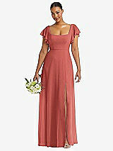 Front View Thumbnail - Coral Pink Flutter Sleeve Scoop Open-Back Chiffon Maxi Dress