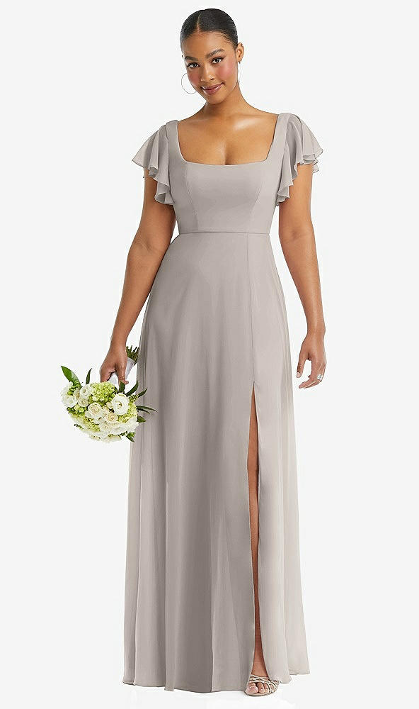 Front View - Taupe Flutter Sleeve Scoop Open-Back Chiffon Maxi Dress