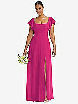 Front View Thumbnail - Think Pink Flutter Sleeve Scoop Open-Back Chiffon Maxi Dress