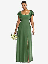 Front View Thumbnail - Vineyard Green Flutter Sleeve Scoop Open-Back Chiffon Maxi Dress